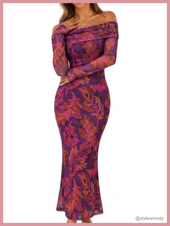 Dresses & Skirts - Off Shoulder Floral Bodycon Maxi Dress Long Sleeve Formal Party
